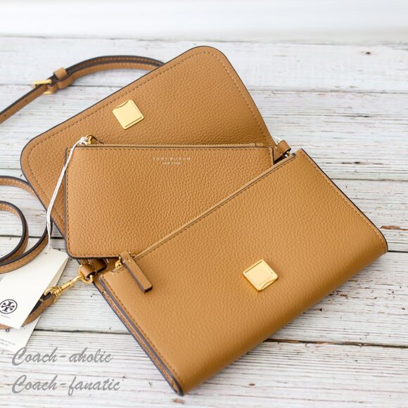 NWT Tory Burch Thea Small Pebble Leather Flat Wallet Crossbody in Tiramisu - Picture 14 of 14